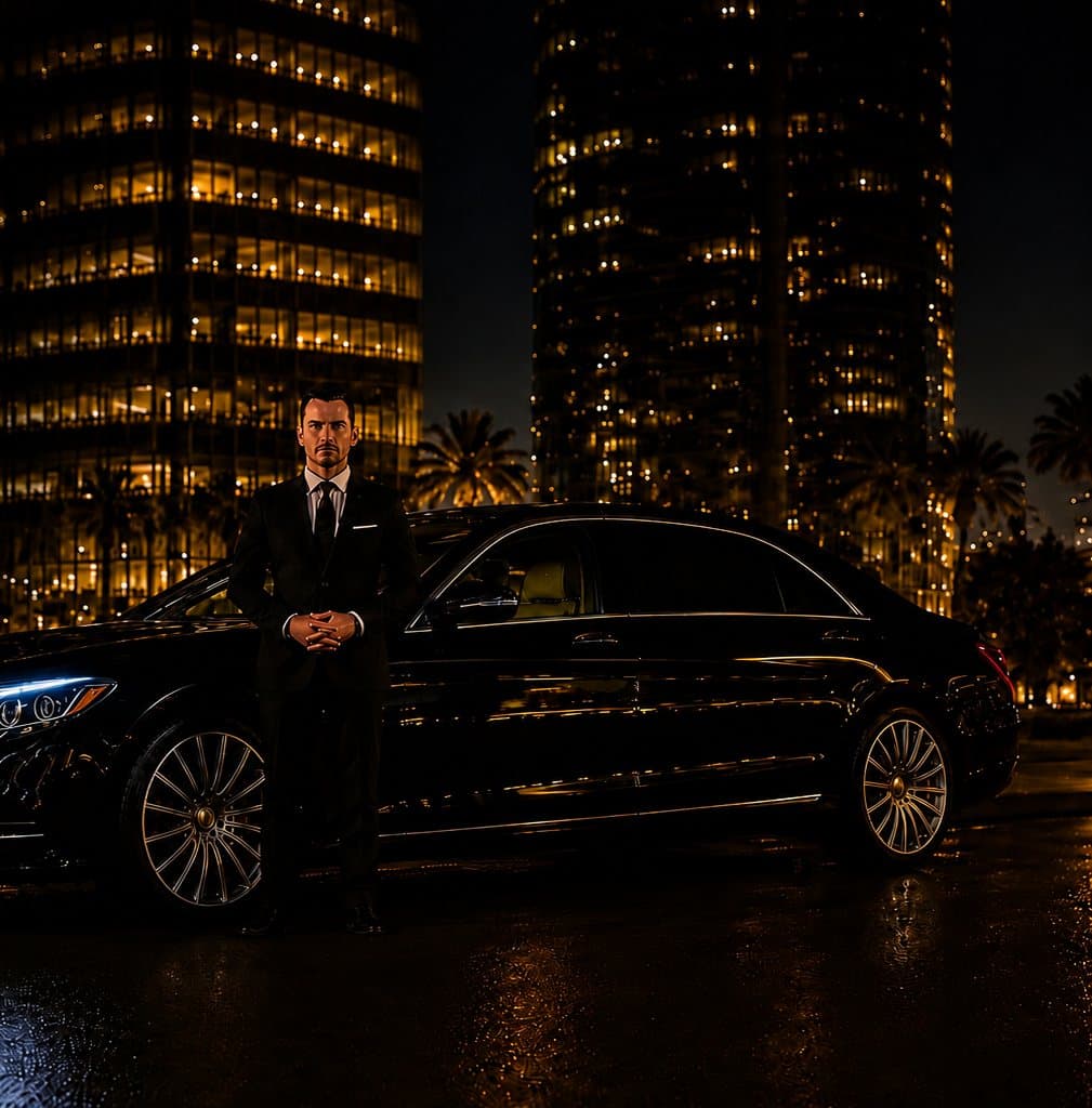 JSR chauffeur standing beside a black luxury sedan at night